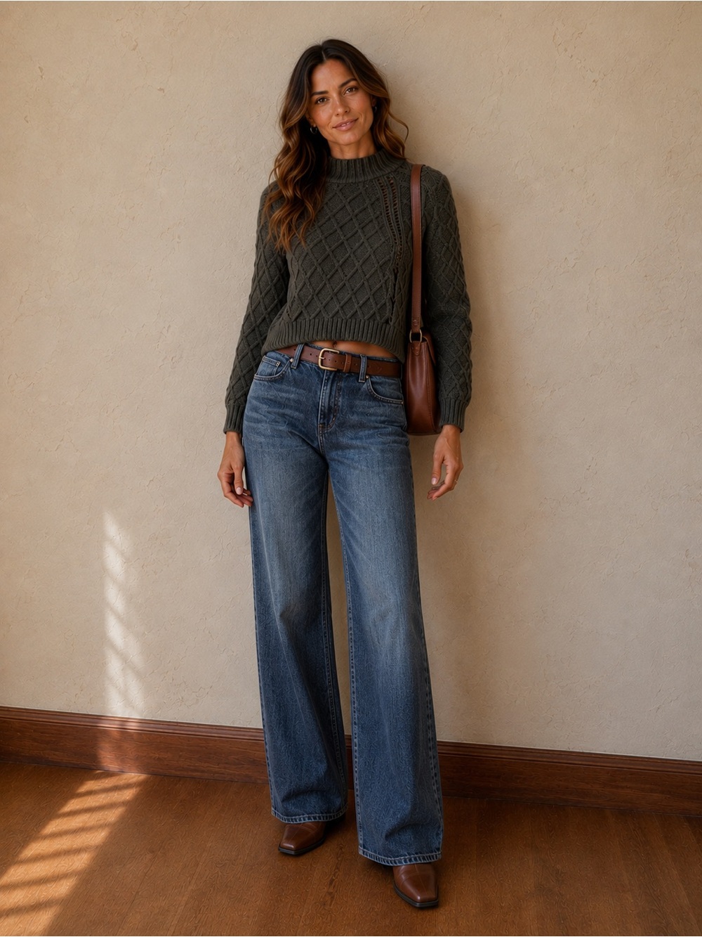American Eagle Cropped Cable Knit Mock Turtle Neck Sweater Sage Olive Green S